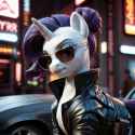 34918__safe_ai+content_ai+generated_rarity_pony_unicorn_g4_car_cyberpunk_female_horn_leather+jacket_looking+at+you_mare_photorealistic_solo_sunglasses