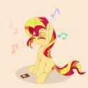 1667472__safe_artist-colon-hankofficer_artist-colon-szafir87_sunset+shimmer_animated_blushing_blush+sticker_cute_earbuds_eyes+closed_female_gif_mare_mu