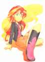 1809127__safe_artist-colon-tyantyai_mokka_sunset+shimmer_equestria+girls_boots_clothes_crossed+legs_female_high+heel+boots_jacket_leather_leather+jacke