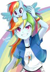 1354970__safe_artist-colon-aruba_rainbow+dash_equestria+girls_blushing_cute_grin_pixiv_pony+hat_rainbow_self+ponidox_tiny+ponies