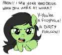 3284896__safe_artist-colon-myra_oc_oc+only_oc-colon-filly+anon_pony_accusation_accusatory_angry_black+hair_blushing_dialogue_female_filly_foal_green+eyes_implie