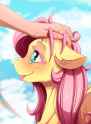 2925938__safe_artist-colon-alcor_fluttershy_human_pony_behaving+like+a+dog_blushing_ear+fluff_human+on+pony+petting_offscreen+character_petting_rainbow_sky+back