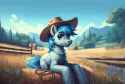 upscaled blue stallion, feral, sitting, on floor, hat, farmer in a field s-7027348610