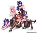 1670411__suggestive_artist-colon-racoonsan_fluttershy_rarity_starlight+glimmer_sunset+shimmer_twilight+sparkle_adorasexy_animal+costume_blushing_bowtie