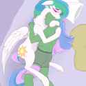 3137163__safe_artist-colon-enonnnymous_princess+celestia_oc_oc-colon-anon_alicorn_human_pony_g4_bed_belly_belly+button_blushing_chest+fluff_concave+belly_duo_fe