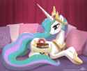 4098__safe_artist-colon-johnjoseco_princess+celestia_alicorn_pony_g4_cake_cakelestia_donut_female_food_mare_pillow_princess_prone