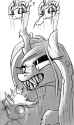 3159541__safe_artist-colon-uteuk_queen+chrysalis_changeling_changeling+queen_g4_angry_blushing_boop_changeling+drone_duo_fangs_grayscale_monochrome_onomatopoeia