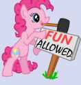 7479__artist+needed_safe_pinkie+pie_bipedal_bipedal+leaning_earth+pony_female_fun_hammer_leaning_mare_meme_mouth+hold_no+fun+allowed_pony_sign_simple+b