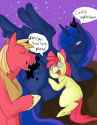 633353__safe_artist-colon-dolly_artist-colon-twizzle_apple+bloom_big+macintosh_princess+luna_earth+pony_pony_g4_belly_colored_cuddling_eyes+closed_looking+back