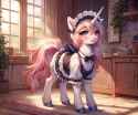 47419__safe_ai+generated_prompter-colon-mechanic+31_oc_oc+only_pony_unicorn_apron_blushing_bottle_bow+ribbon_bowtie_clothes_crossdressing_detailed+background_