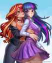 3595274__suggestive_artist-colon-racoonsan_sunset+shimmer_twilight+sparkle_human_equestria+girls_g4_2d_bangs_bedroom+eyes_belly_belly+button_blushing_breasts_bu
