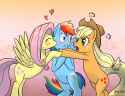 244001__safe_artist-colon-peichenphilip_applejack_fluttershy_rainbow+dash_earth+pony_pegasus_pony_g4_angry_bipedal_blushing_cheek+kiss_female_heart_kissing_les