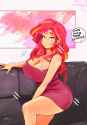 3375716__safe_artist-colon-sozglitch_sunset+shimmer_human_g4_big+breasts_breasts_bronybait_busty+sunset+shimmer_cleavage_clothes_couch_dialogue_dress_ear+pierci