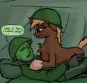 1455322__safe_artist-colon-plunger_derpibooru+exclusive_oc_oc-colon-anon_earth+pony_human_pony_4chan_army+helmet_bedroom+eyes_clothes_dialogue_drawthread_duo_fe