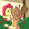 2383449__safe_artist-colon-tjpones_applejack_strawberry+sunrise_earth+pony_pegasus_pony_g4_honest+apple_abuse_applejack27s+hat_cowboy+hat_duo_female_fight_food_