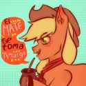 3345024__safe_artist-colon-luchi_miauchi_applejack_earth+pony_pony_g4_blushing_female_mare_mate_neckerchief_open+mouth_patterned+background_solo_spanish_speech+