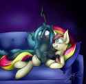 1070034__safe_artist-colon-jorobro_queen+chrysalis_sunset+shimmer_changeling_changeling+queen_pony_unicorn_g4_chryshimmer_crack+shipping_duo_female_lesbian_ship