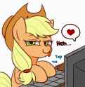 2368769__safe_artist-colon-handgunboi_applejack_earthpony_pony_-colon-p_computer_hat_keyboard_table_