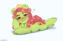 2743272__safe_artist-colon-muhomora_tree+hugger_earth+pony_pony_g4_bedroom+eyes_blushing_chibi_female_floating+heart_heart_looking+at+you_lying+down_mare_prone_