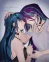 3606260__safe_artist-colon-cadence_sniffa_aria+blaze_sonata+dusk_human_g4_choker_dialogue_duo_female_humanized_jewelry_lesbian_looking+at+each+other_looking+at+