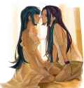 3606314__safe_artist-colon-cadence_sniffa_aria+blaze_sonata+dusk_human_g4_clothes_dialogue_duo_female_humanized_kneeling_lesbian_looking+at+each+other_looking+a