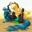 Feral, Pony, Applejack, Queen Chrysalis, hoof wrestling, holding hooves, duo, fi s-2395569027