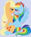 407890__suggestive_artist-colon-g-dash-blue16_applejack_rainbow+dash_earth+pony_pegasus_pony_g4_bedroom+eyes_clothes_duo_eye+contact_female_french+kiss_hatless