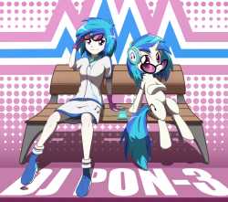 1536054__safe_artist-colon-shidodo_dj+pon-dash-3_vinyl+scratch_equestria+girls_bench_clothes_duo_headphones_human+ponidox_looking+at+each+other_pony_se
