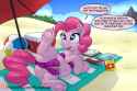 2242382__questionable_pinkie+pie_solo_female_pony_mare_clothes_earth+pony_open+mouth_anus_plot_belly+button_dialogue_sitting_underwear_looking+back_u