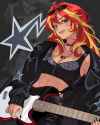 3605907__safe_artist-colon-izukaiart_sunset+shimmer_human_g4_clothes_guitar_human+coloration_humanized_hunan_jacket_leather_leather+jacket_midriff_musical+instr