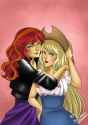 1209698__safe_artist-colon-mio+kurosaki_applejack_sunset+shimmer_equestria+girls_g4_accessory+swap_alternate+clothes_female_hat_hatless_humanized_lesbian_missin
