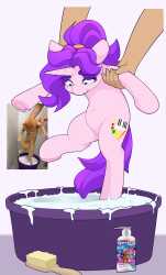 3609950__safe_artist-colon-rivin177_oc_oc+only_oc-colon-rivin_cat_human_pony_unicorn_g5_bath_belly_belly+button_brush_bucket_cutie+mark_hand_holding_holding+a+p