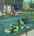 3206746__safe_artist-colon-plunger_copper+top_oc_oc-colon-filly+anon_pony_-fwslash-mlp-fwslash-_4chan_4chan+cup+scarf_bench_bottle_clothes_drawthread_female_fil