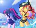 3394723__safe_artist-colon-dieart77_sci-dash-twi_sunset+shimmer_twilight+sparkle_human_equestria+girls_g4_bangs_bare+shoulders_beach+ball_belly_belly+button_bik