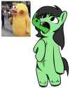 3623349__safe_artist-colon-arche_oc_oc-colon-filly+anon_human_clothes_costume_female_filly_foal_hand_mascot_meme_middle+finger_vulgar