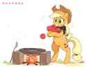 3150140__safe_artist-colon-fuyugi_applejack_earth+pony_pony_apple_bipedal_campfire_cooking_female_fire_food_freckles_heart_mare_open+mouth_open+smile_simple+bac
