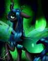 580088__safe_artist-colon-crazyaniknowit_derpibooru+import_queen+chrysalis_changeling_changeling+queen_female_looking+back_raised+hoof_solo