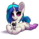 2434101__safe_artist-colon-skitsroom_dj+pon-dash-3_octavia+melody_vinyl+scratch_earth+pony_pony_unicorn_g4_background+pony_chest+fluff_clothes_crush+plush_cute_