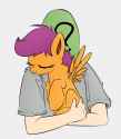 1210699__safe_artist-colon-xioade_color+edit_derpibooru+import_edit_scootaloo_oc_oc-colon-anon_human_pegasus_pony_carrying_colored_cuddling_cute_cuteal