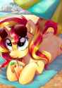 1368743__safe_artist-colon-adlynh_sunset+shimmer_beach_beach+umbrella_both+cutie+marks_cocktail+glass_cute_drink_looking+up_pony_prone_shimmerbetes_sol