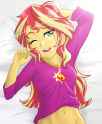 1280569__safe_artist-colon-ta-dash-na_sunset+shimmer_human_equestria+girls_g4_arm+behind+head_belly_belly+button_clothes_cute_drool_female_midriff_morning+ponie