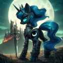 52124__safe_ai+generated_princess+luna_pony_unicorn_g4_2023_armor_butt_castle_clothes_cloud_crown_detailed+background_female_fire_full+moon_grass_headgear_hor
