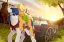2828929__safe_artist-colon-mr-dash-tiaa_applejack_oc_oc-colon-constance+everheart_pony_apple_applejack+riding+oc_bandana_blushing_canon+x+oc_cart_clothes_cottag
