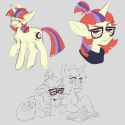 2854443__safe_artist-colon-exxi00_moondancer_twilight+sparkle_pony_unicorn_g4_blushing_book_duo_female_floppy+ears_glasses_gray+background_high+res_lying+down_m