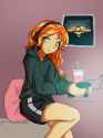 3403955__safe_artist-colon-sugarcube269_sunset+shimmer_human_equestria+girls_g4_clothes_controller_cute_drink_female_gamer+sunset_headphones_hoodie_looking+at+y
