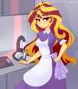 2932915__safe_artist-colon-xjenn9_sunset+shimmer_human_equestria+girls_g4_apron_clothes_cute_dress_high+res_housewife_maid_shimmerbetes_sink_solo