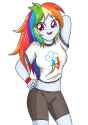 1558076__safe_artist-colon-sumin6301_rainbow+dash_equestria+girls_arm+behind+head_belly+button_clothes_compression+shorts_hand+on+hip_midriff_multicolo