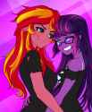 1679574__safe_artist-colon-rileyav_sci-dash-twi_sunset+shimmer_twilight+sparkle_equestria+girls_clothes_evil+grin_fangs_female_floppy+ears_glasses_grin