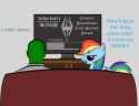 2740668__safe_artist-colon-vareb_rainbow+dash_oc_oc-colon-anon_pegasus_pony_g4_couch_dialogue_high+res_skyrim_television_text_the+elder+scrolls_unamused_video+g.png