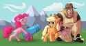 3060030__safe_artist-colon-snail-dash-speed_applejack_pinkie+pie_earth+pony_human_pony_g4_applejack27s+hat_cowboy+hat_crossover_hat_hol+horse_human+and+pony_joj.png